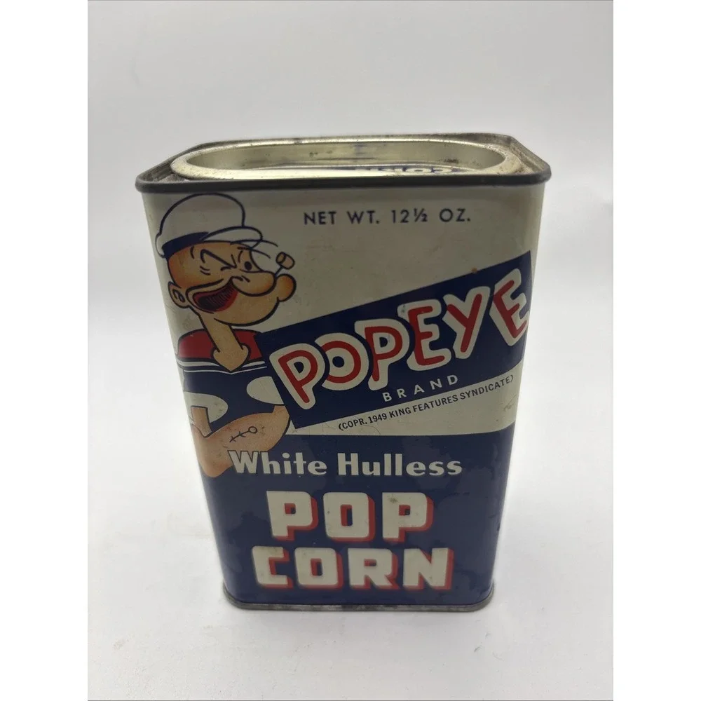 Vtg 1949 Popeye White Hulless Popcorn Tin Can 12.5 Oz  Empty Prop Advertising